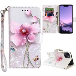 for iPhone 13 Wallet Case, for iPhone 14 Wallet Case, Floral Pattern PU Leather Cute Flip Cover Women Girl [Wrist Strap][Card Cash Slots][Kickstand] (Pearl Flower)