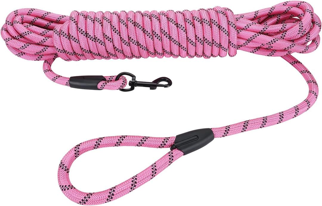 Long Dog Leash for Training 30Ft-Reflective Nylon Rope with Swivel Hook-Recall Agility Lead for Large Small Medium Dogs Outside Walking Hiking-Pink Diam 1/2"