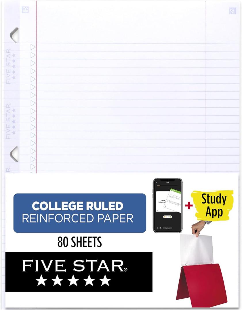 Five Star Loose Leaf Paper + Study App, College Ruled Filler Notebook Paper, Reinforced, Fights Ink Bleed, 8-1/2" x 11", 80 Sheets (170102)