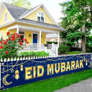 KatchOn, Large Eid Mubarak Banner 120x20 Inch | Blue Eid Decorations for Home, Eid Sign, Eid Mubarak Yard Banner, Perfect for Eid al-Fitr Decorations Celebrations