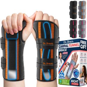 DR. BRACE Adjustable Wrist Brace Night Support for Carpal Tunnel, Doctor Developed, Upgraded with Double Splint & Therapeutic Cushion,Hand Brace for Pain Relief,Injuries,Sprains (S/M Right Hand, Black-Orange)