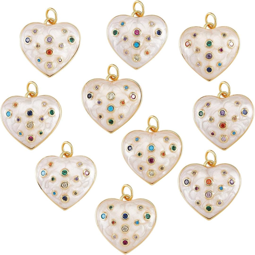 10 Pieces Heart Enamel Charm with Cubic Zirconia Colorful Love Charm Real 18K Gold Plated for Jewelry Necklace Bracelet Earring Making Crafts
