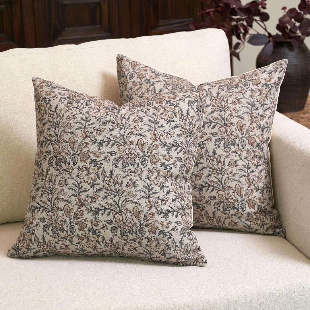 Amor Virisso Floral Throw Pillow Covers 18x18 Set of 2 Couch Pillows for Living Room Farmhouse Vintage Block Print Pillow Covers Decorative Pillow Covers Accent Sofa Pillows, Green/Sand