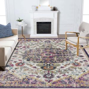 9x12 Area Rugs for Living Room Vintage Purple | Non Slip Machine Washable Rugs, Low Pile Lightweight Large Rug for Bedroom, Dining Room, Home Office
