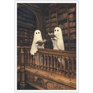 Moody Halloween Wall Art Two Cute Ghosts in A Library Poster Spooky Ghost Decor Dark Academia Canvas Print Reading Book Aesthetic for Living Room Apartment Bedroom 12x16inch Unframed