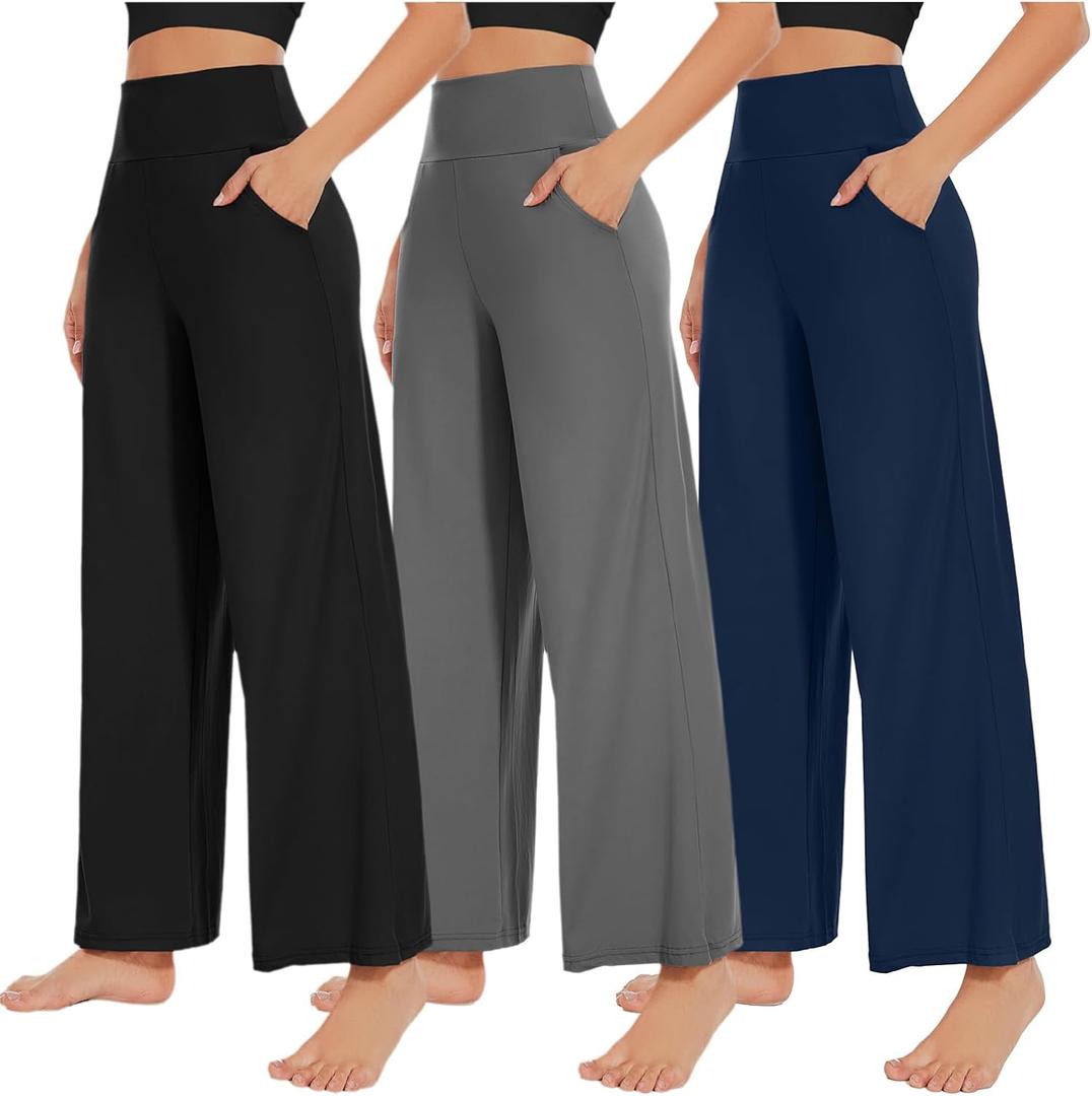 NEW YOUNG 3 Pack Women's Wide Leg Pants with Pockets High Waist Loose Sweatpants Casual Lounge Yoga Workout Palazzo (X-Large, Black, Navy Blue, Dark Grey)