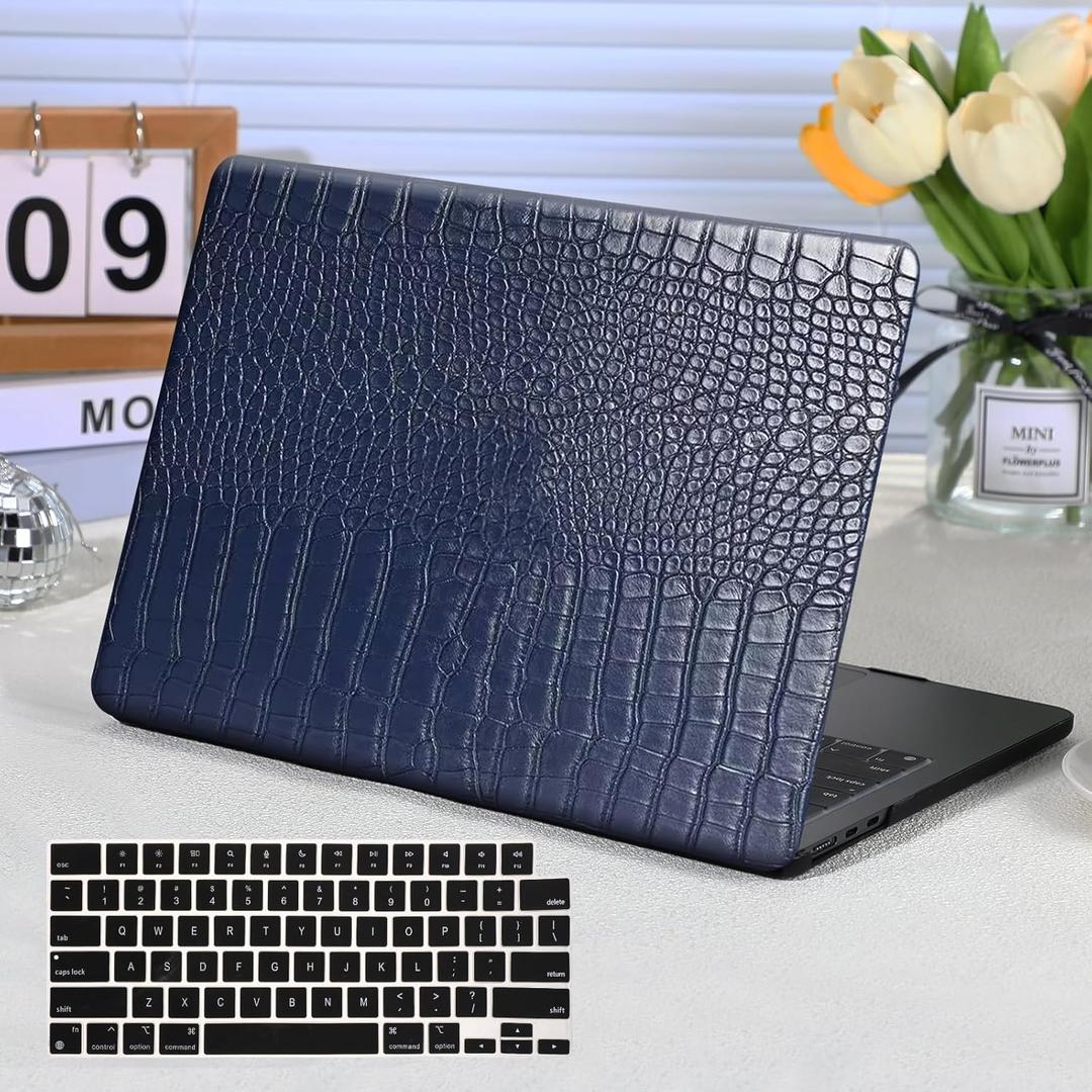 Funut for MacBook Air 13 Inch Case 2021 2020 2019 2018 Release M1 A2337 A2179 A1932 Touch ID, Crocodile MacBook Air M1 Cover Leather Laptop Hard Shell & Keyboard Cover for MacBook Air 13 Inch, Blue