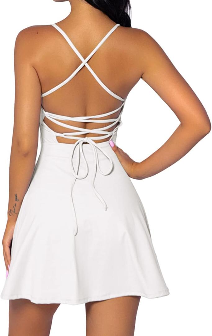 QINSEN Womens Two Pieces Tennis Dress with Shorts Workout Open Back Active Golf Dresses (White, L)