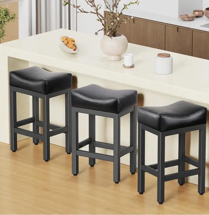 Counter Height Bar Stools Set of 3, 24 Inch Barstools for Kitchen Island Counter, Bonded Leather Kitchen Stools with Saddle Seats & Metal Base, Easy Assembly, Black