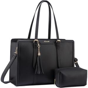 LOVEVOOK Laptop Bag for Women 15.6 inch Lightweight PU Laptop Tote Bag, Large Capacity Computer bag with Clutch Purse for Business, Work, Office, Travel, School,Casual(Black & Leather)