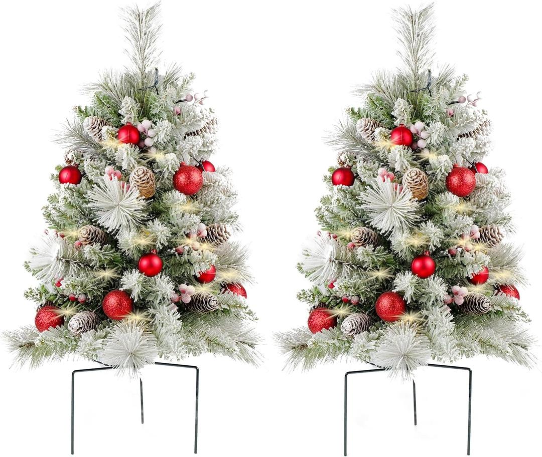 Flocked Christmas Tree 30 inch Prelit 2 Set Pathway Porch Christmas Trees Pre-Light LED Battery Operated Outdoor Xmas Decor for Entrance Driveway, Yard, Garden, Red Berries, Pine Cones