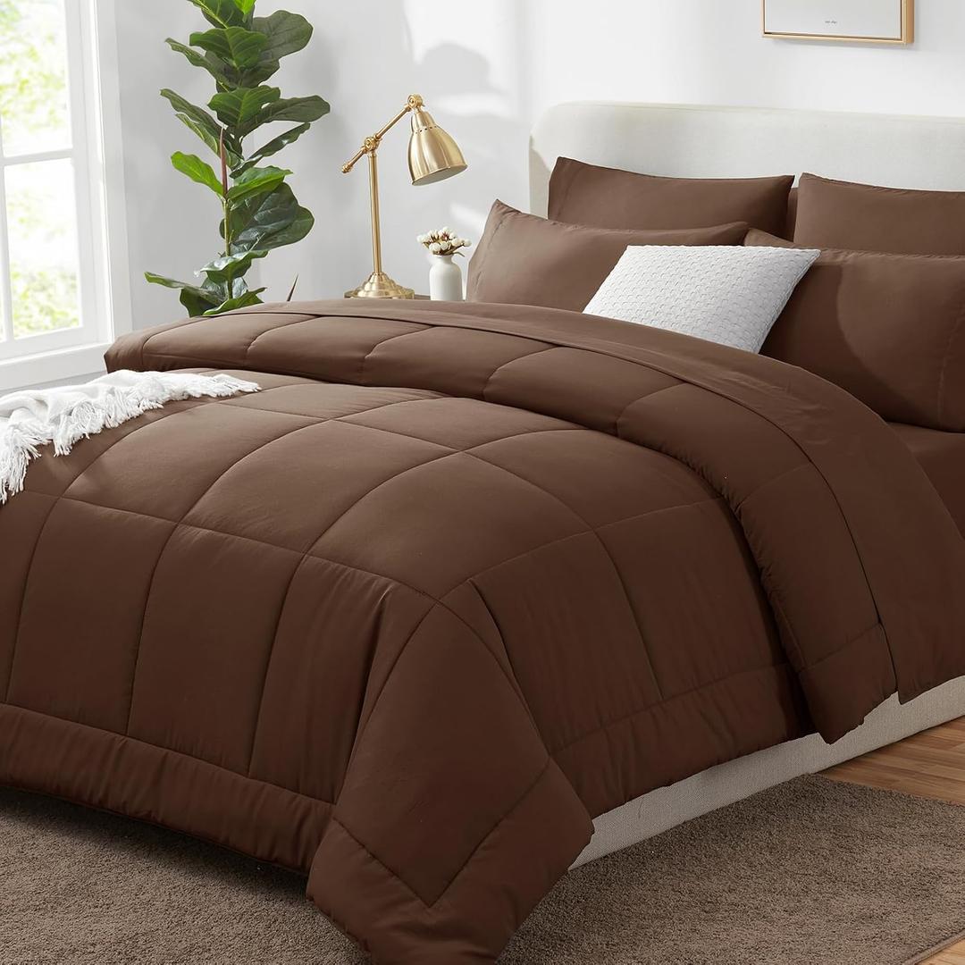 CozyLux King Size Comforter Brown, Brown Comforter King Size, All Season Bedding Stitch Quilted Comforter, Flat Sheet, Fitted Sheet, Pillowcases