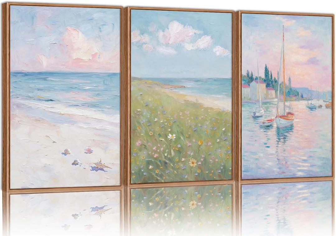 Rantodecor Impressionist Framed Canvas Wall Art, Vintage Italy Coastal Sailboat Wall Decor, Light Blue and White Posters Art Prints, Pastel Beach House Artwork for Bedroom Living Room Office 16"x24"x3