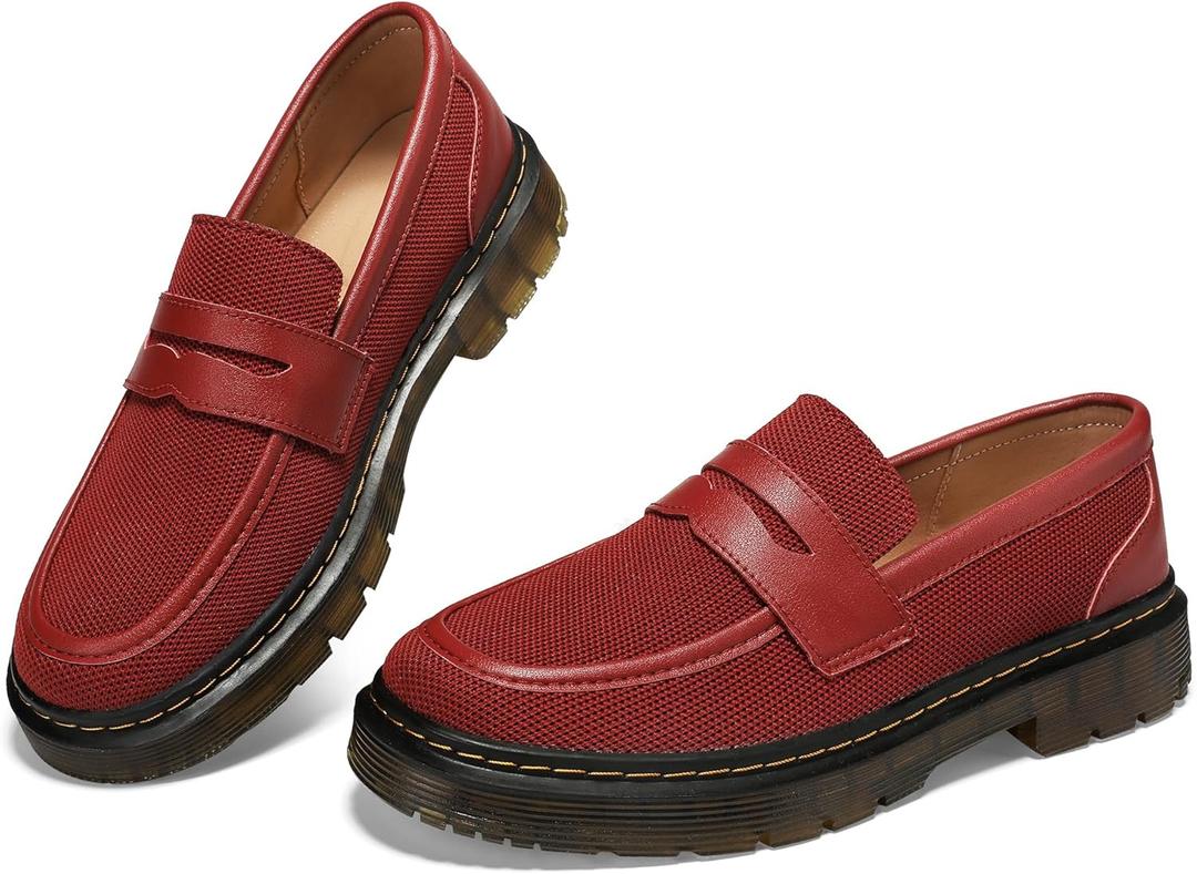 Women's Mesh Penny Loafers Breathable Knitted Flat Shoes Comfortable & Lightweight Slip-Ons (10.5, Dark Red)