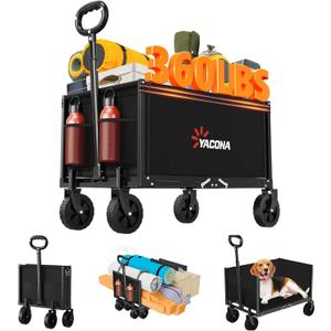 YACONA 3 in 1 Wagons Carts Foldable, 360LBS Lightweight Wagon with All Terrain Wheels, Collapsible Wagon Cart for Grocery, Camping, Beach, Garden & Sports (Black)