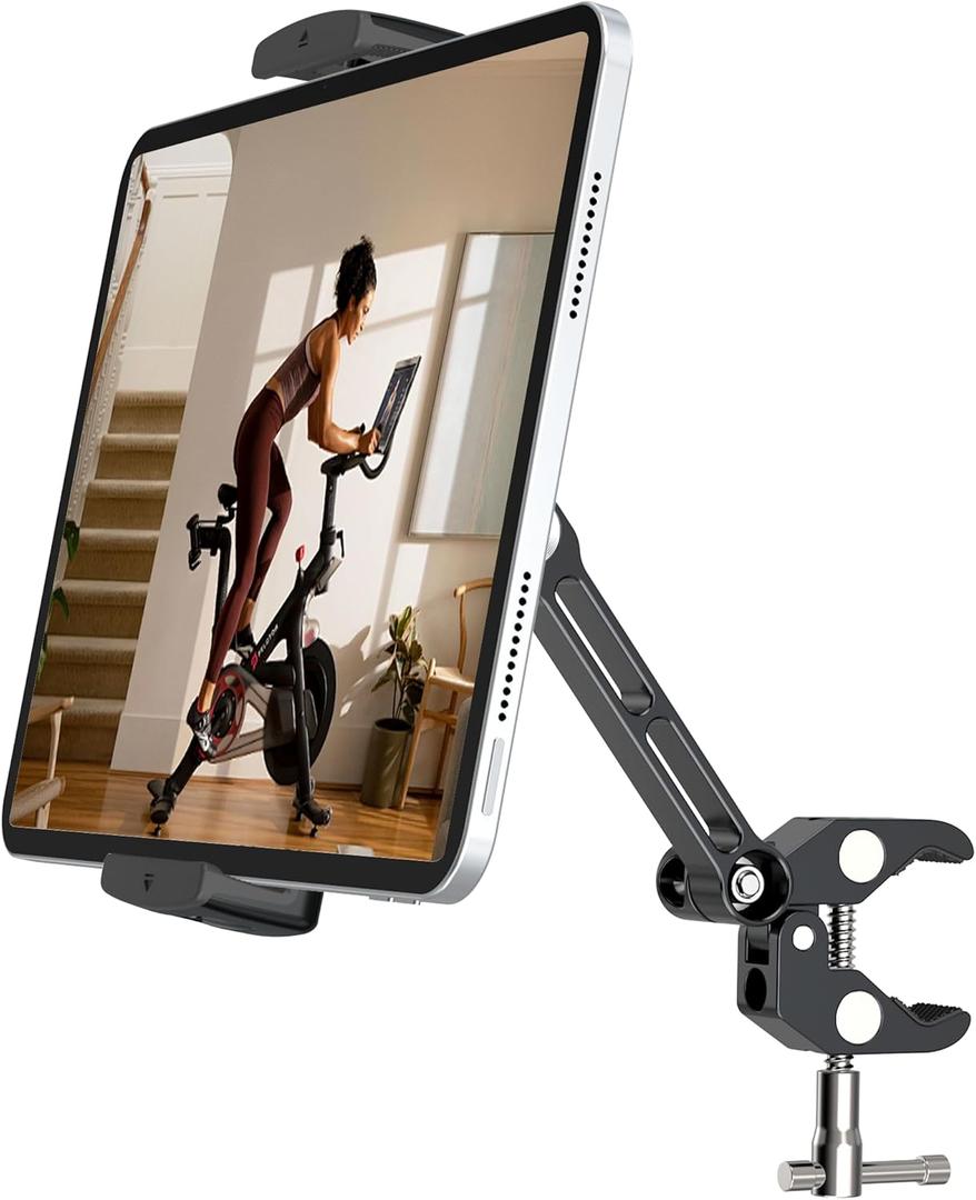 Aluminium Tablet Mount Clamp for Spin Bike, Stationary Bicycle, Treadmill, Stroller Indoor Bike, Peloton, Elliptical - Compatible with 4-13" Tablet, iPad Pro, Air, Mini, Galaxy Tab