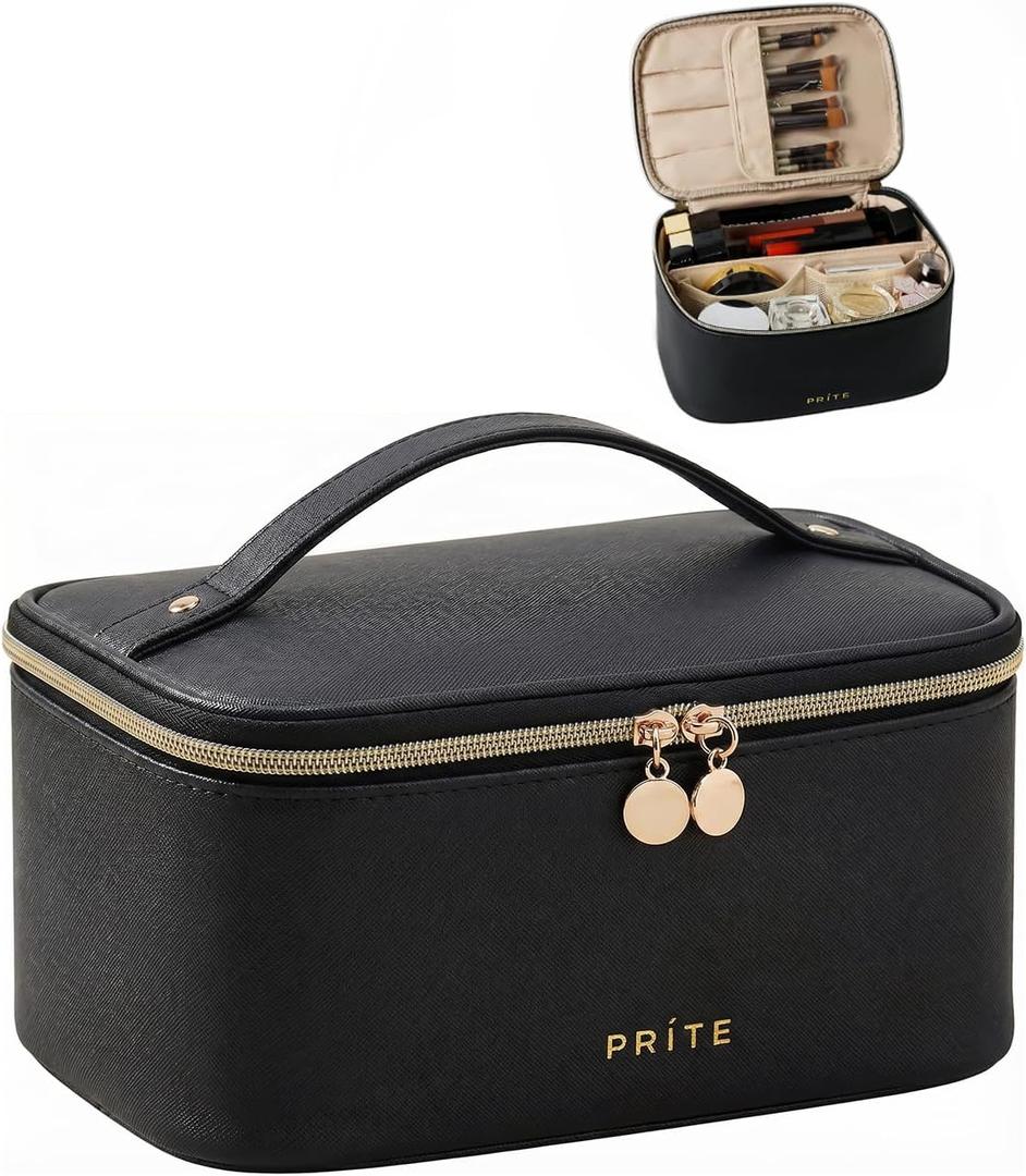 Prite Makeup Bag, Large Capacity Portable Travel Cosmetic Bag, Waterproof Makeup Organizer for Women with Handle and Divider (001 Black)