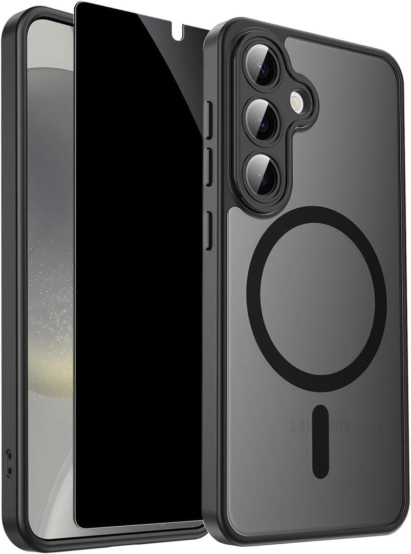 Magnetic for Samsung Galaxy S25 Plus Case with Privacy Screen Protector & Camera Protector,Galaxy S25 Plus Shockproof Matte Translucent Slimi Phone Casas for Samsung S 25 Plus-Black