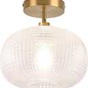 Gold Semi Flush Mount Ceiling Light Fixture,Hallway Light Fixtures,Industrial Close to Ceiling Mount,Globe Glass Ceiling Fixture,Vintage Ceiling Lamp,Farmhouse Lighting for Bathroom Entryway Bedroom