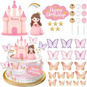 Hooqict 33PCS Princess Cake Decorations Set with Butterflies, Balls, Castle Cake Toppers & Cupcake Toppers for Girls Princess Birthday Party Decorations Tea Party Supplies