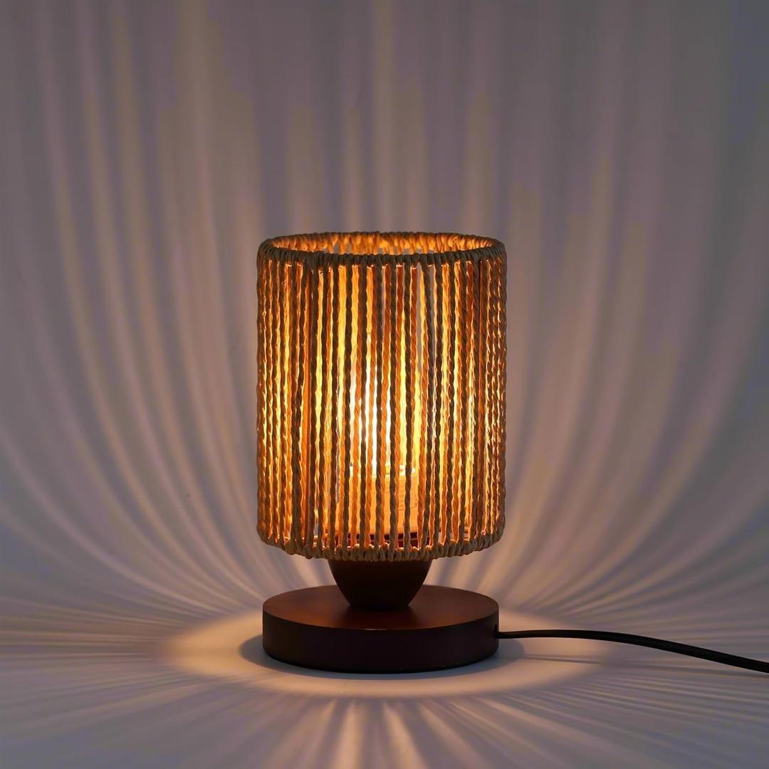 Small Rattan Table Lamp for Bedroom, Boho Bedside Lamp with Warm LED Bulb, Handwoven Wicker Nightstand Lamp for Nursery, Entryway & Dorm, Mini Ambient Night Light with Wood Base (8.6" Tall) (Standard, Plug-in / Cylinder Shape)