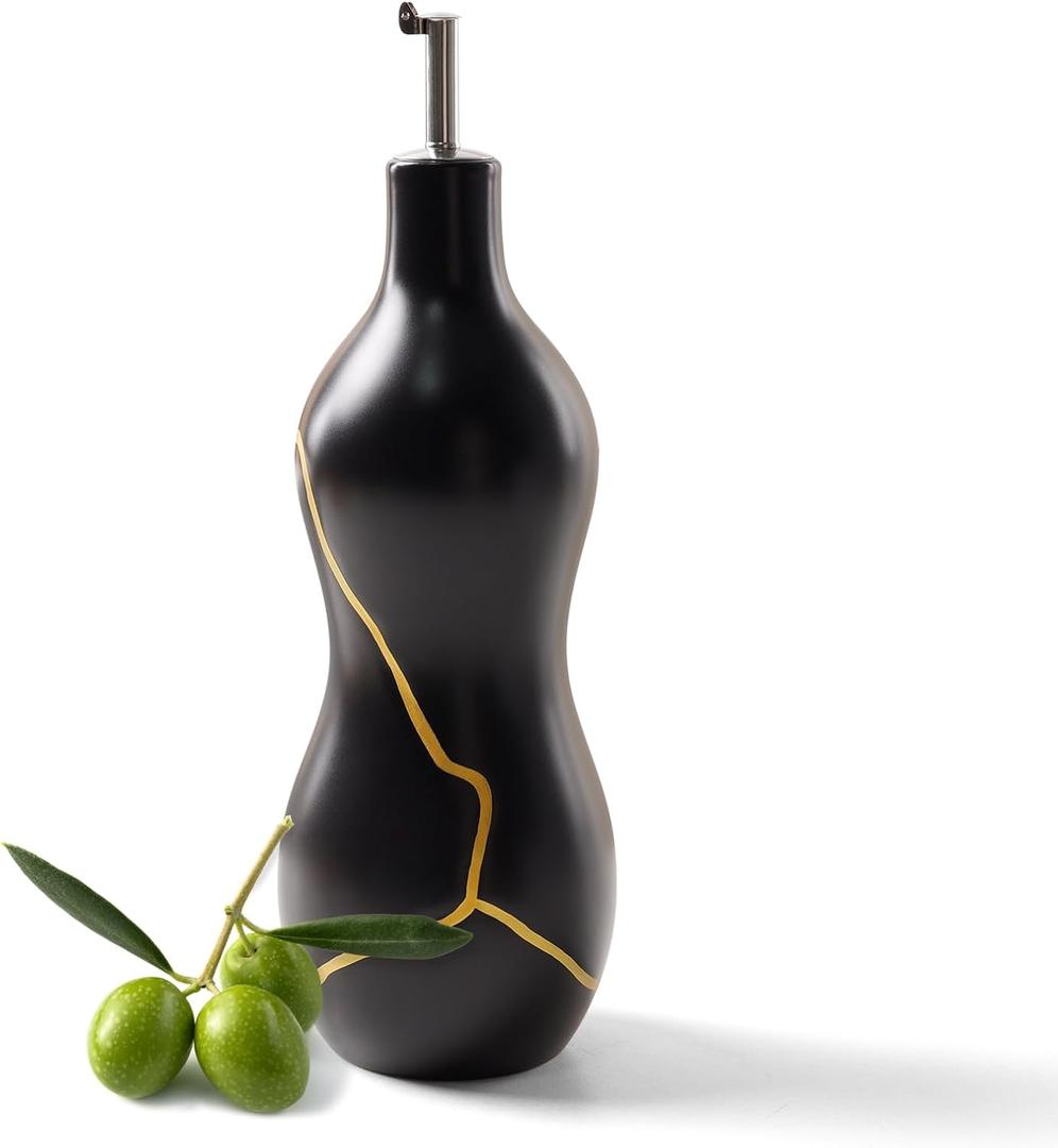 BosilunLife Ceramic Olive Oil Dispenser Bottle, 14 Oz Oil Cruet with Elegant Gold Accent & Curved Ergonomic Design, NonDrip Vinegar Bottle for Kitchen & Dining, Black
