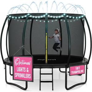 JoyBerri Upsurge Trampoline Outdoor - ASTM Certified Safe 10Ft Recreational Trampoline for Kids and Adults, Anti-Rust Coating with Enclosure Net, Ladder, Sprinkler & LED Lights (Black)