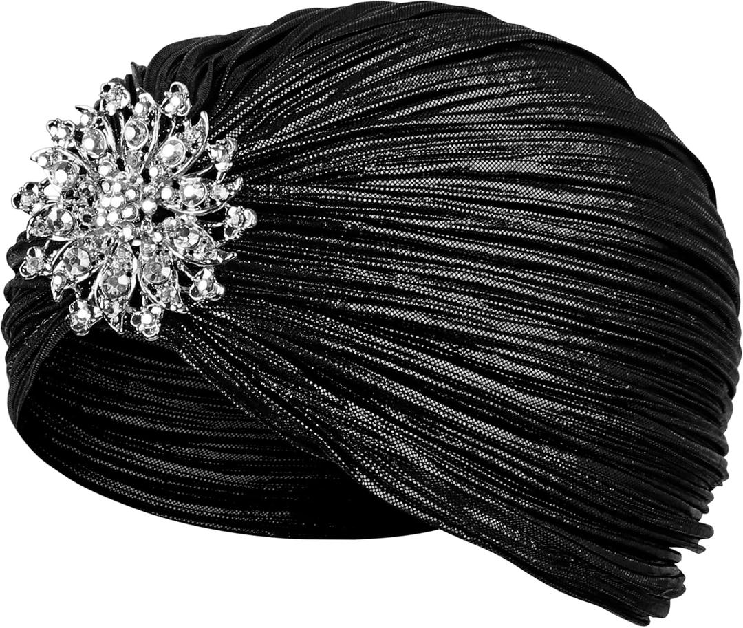 CROWN GUIDE 1920s Gatsby Headpiece Crystal Roaring 20s Costumes Accessories Flapper Cap Exotic Hair Wraps (One Size, Black)