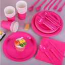 ADXCO 169 Pieces Hot Pink Party Supplies Include Paper Plates Cups Napkins Forks Knives Spoons Waterproof Tablecloth Complete Tableware for Party Decorations