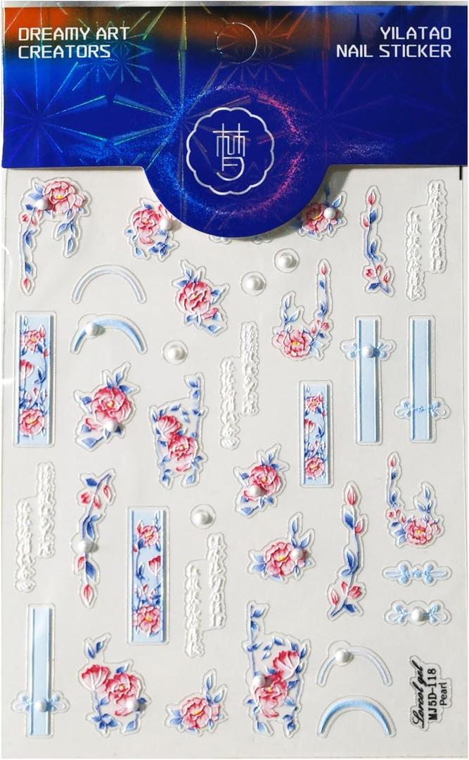 7 x 5D Embossed Nail Stickers for Nail Art - Self-Adhesive Floral Nail Decals, Summer Plant Nail Art Stickers for Manicure Decoration (118)