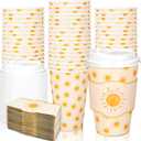 Whaline 50 Set Boho Sun Disposable Coffee Cups with Lids Sleeves 16 Oz Summer Yellow Sunshine Paper Drinking Cups To Go Coffee Cup for Birthday Wedding First Trip Around The Sun Baby Shower Party