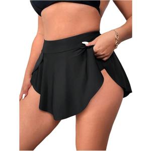 SHENHE Women's Plus Size Ruffle Swim Skirt High Waisted Asymmetrical Hem Flowy Skirted Swimsuit Bottom (Black, XL)