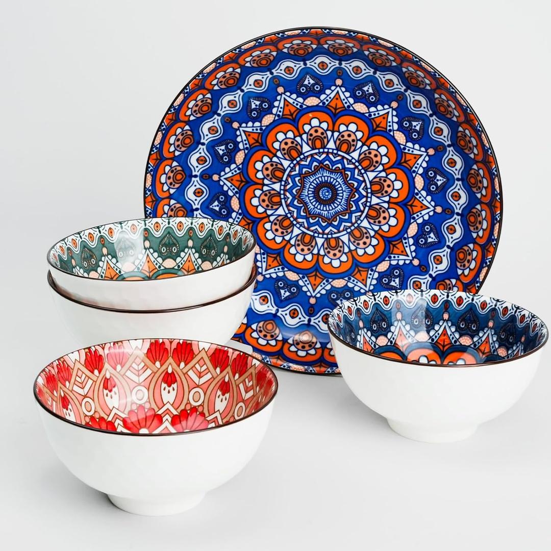 Bohemian Ceramic Bowls Set, 4.5 Inch Porcelain Cereal Bowls, Vintage Boho Style for Rice, Soup, Cereal, Salad, Decorative Set for Kitchen & Dining (Set of 5)