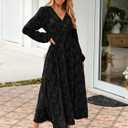 Simplee Womens Boho Floral Long Sleeve Maxi Dress V Neck Empire Waist Fall Wedding Guest Dresses with Pockets (Black), Large