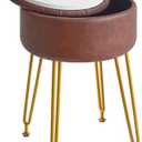 IBUYKE Faux Leather Round Footrest Stool with Storage Ottoman, Makeup Vanity Chair Side Table, PU Dressing Table Seat, Removable Cover, Golden Steel Legs, Dark Brown WBD024Z