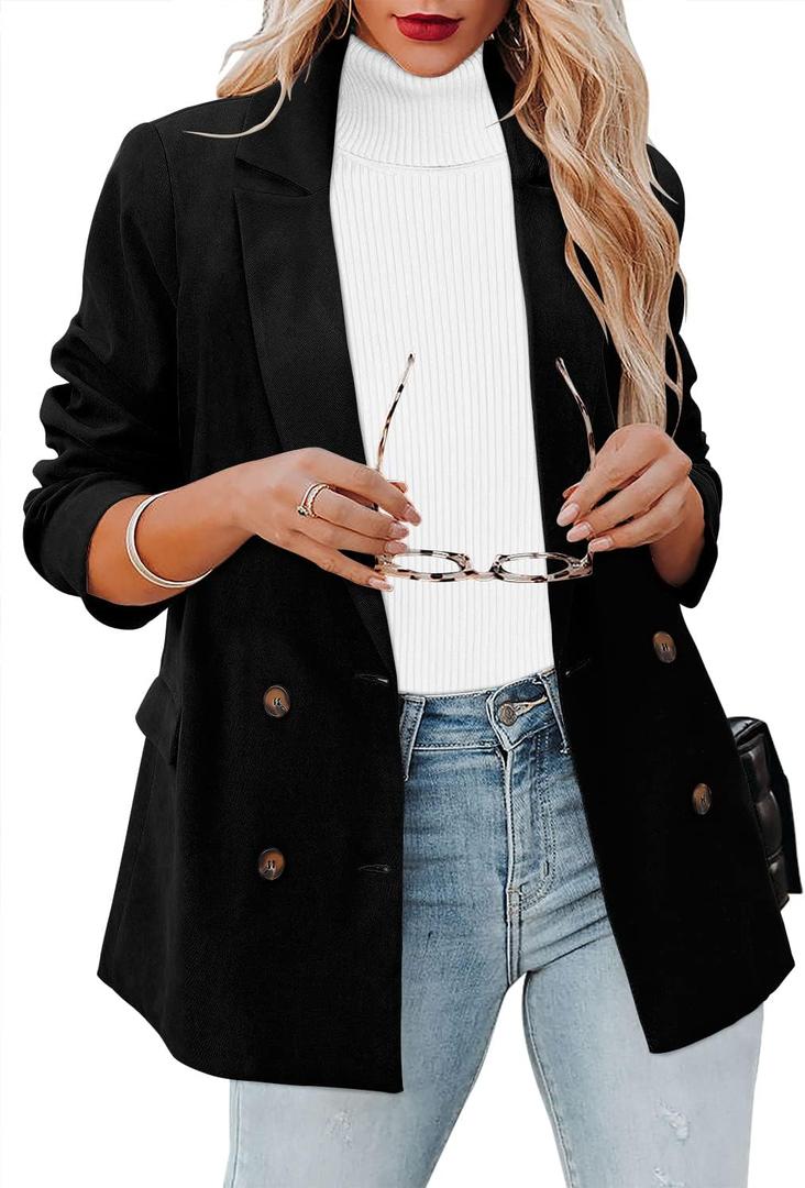 CRAZY GRID Womens Casual Blazer Jacket Long Sleeve Open Front Work Office Blazer Lapel Button Jacket (Large, 2-black)
