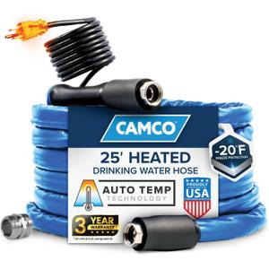 Camco 25-Ft Heated Water Hose for RV - Water Line Freeze Protection Down to -20F/-28C - Features Energy-Saving Thermostat & Includes Adapter for Connection to Either End of Hose (22911)