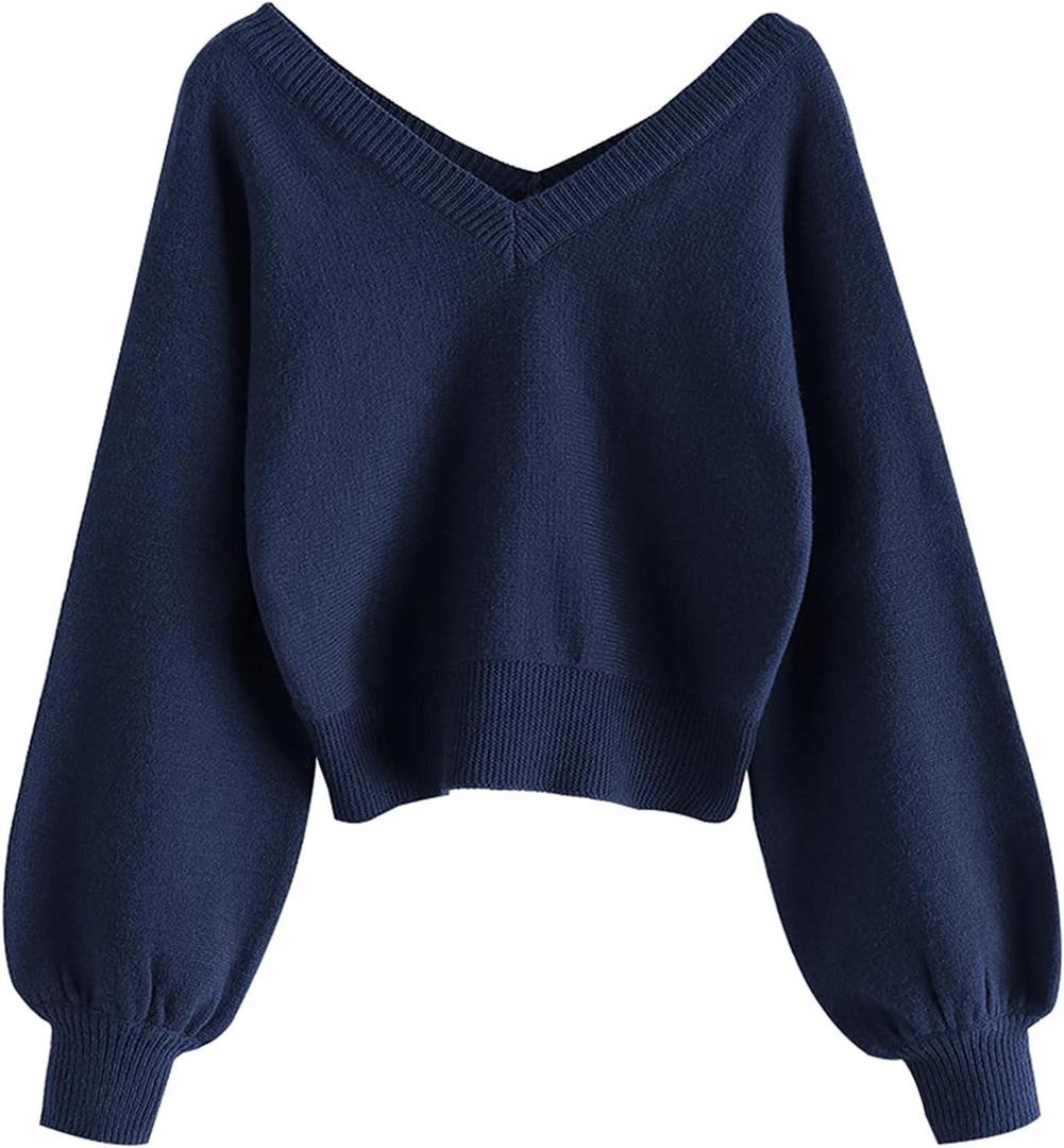 ZAFUL Women's Cropped Sweater V-Neck Long Sleeve Crop Sweater Pullover Jumper Knit Top (Medium, 1-navy Blue)