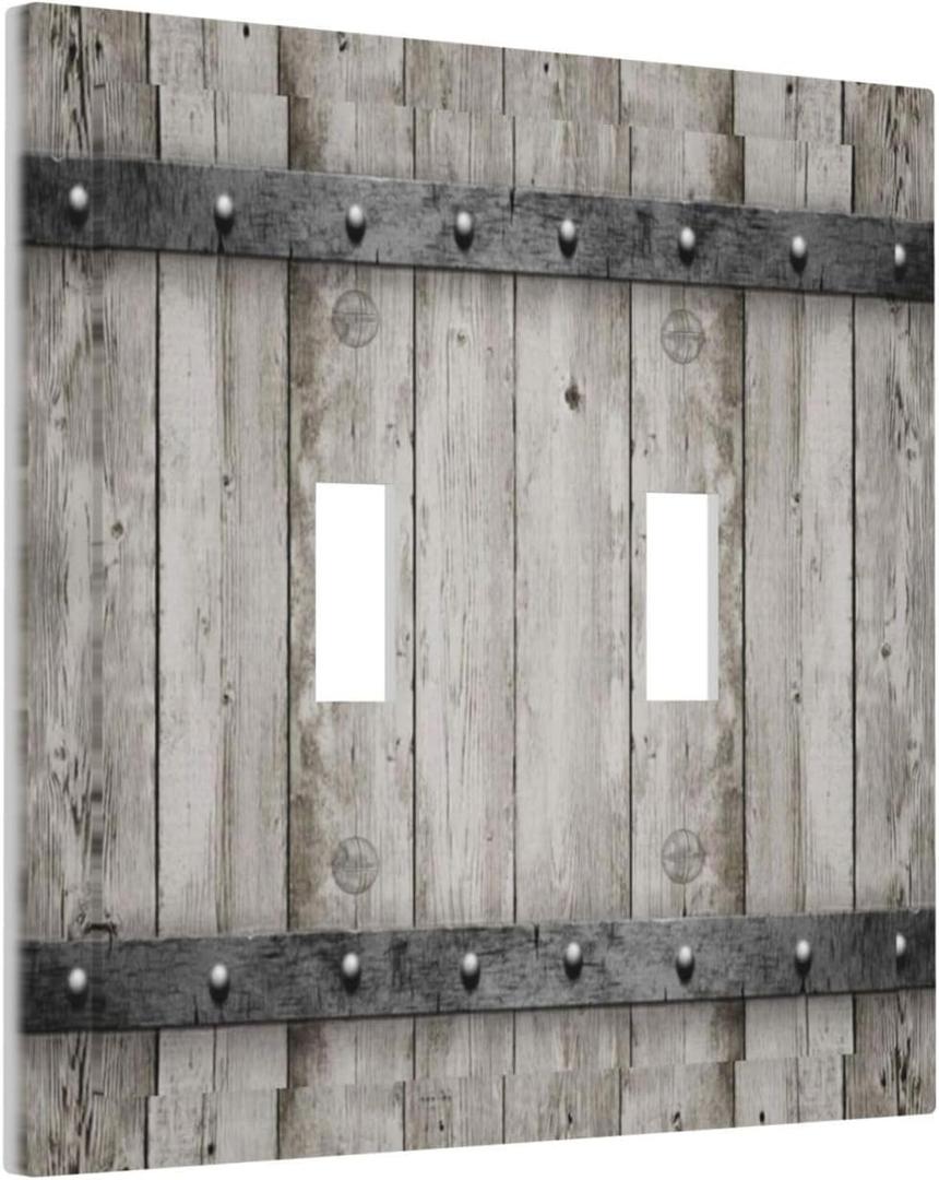 Farmhouse Grey Wood Barn Door Double Toggle Light Switch Cover Decorative 2 Gang Electrical Switchplate Faceplate Rustic Country Gray Wall Plates for Kitchen Bedroom Bathroom Decor (Plastic）