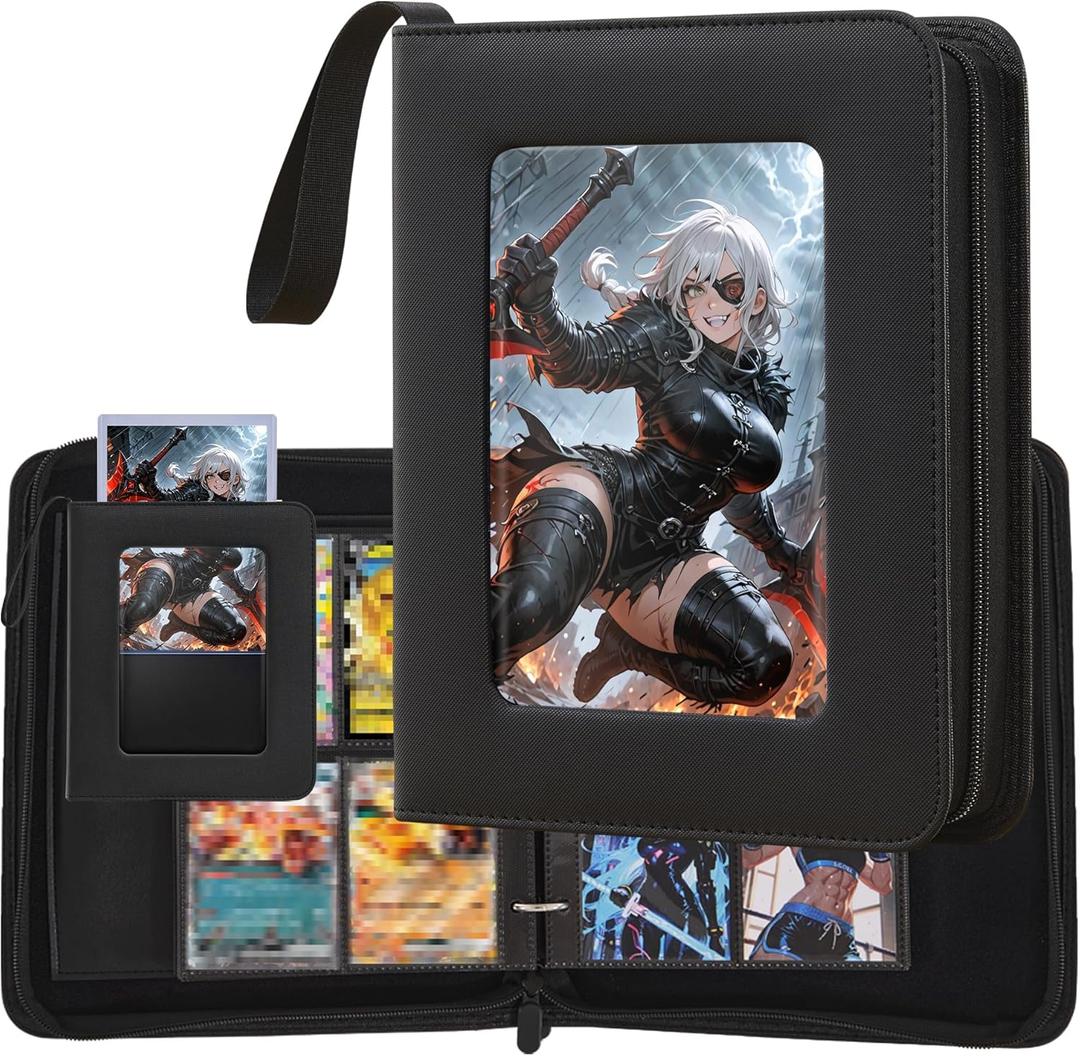 Trading Card Binder with Display Window 4 Pocket Binder Holds 400 Cards, Fits TCG & Standard Size Cards, Includes 2 Jumbo Toploaders and 2 Page Dividers