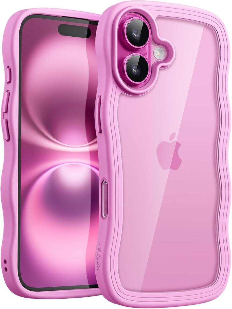JETech Wavy Case for iPhone 16 Plus 6.7-Inch, Cute Wave Frame Curly Shape Shockproof Phone Cover for Women and Girls, Clear Hard PC Back (Pink)