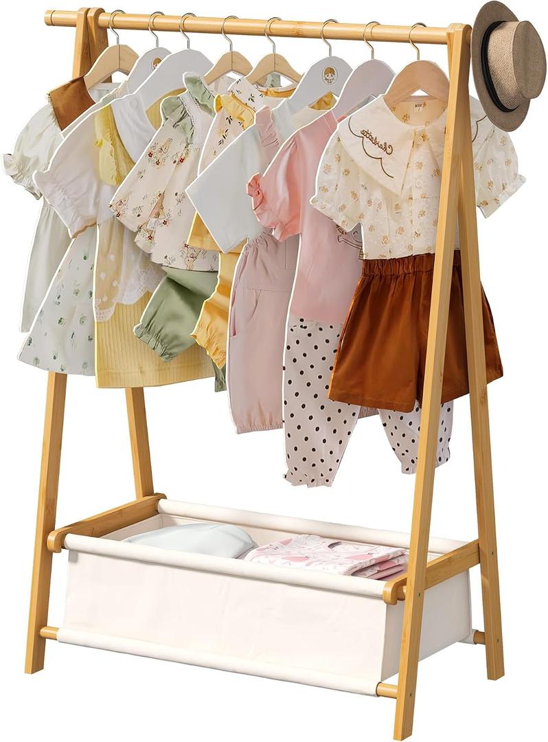 Bamboo Clothes Rack with Storage Box Foldable Garment Holder Coat Rack Freestanding Coat Stand Child Clothing Stand for Hanging Coat Dress up Racks (Natural, Small)