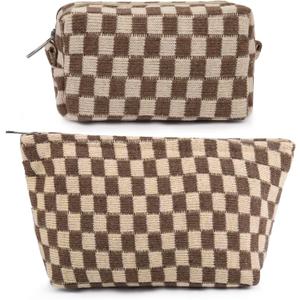 SOIDRAM 2 Pieces Makeup Bag Large Checkered Cosmetic Bag Capacity Canvas Mix Travel Toiletry Bag Organizer Cute Makeup Brushes Aesthetic Accessories Storage Bag for Women, Checkered Mix Brown