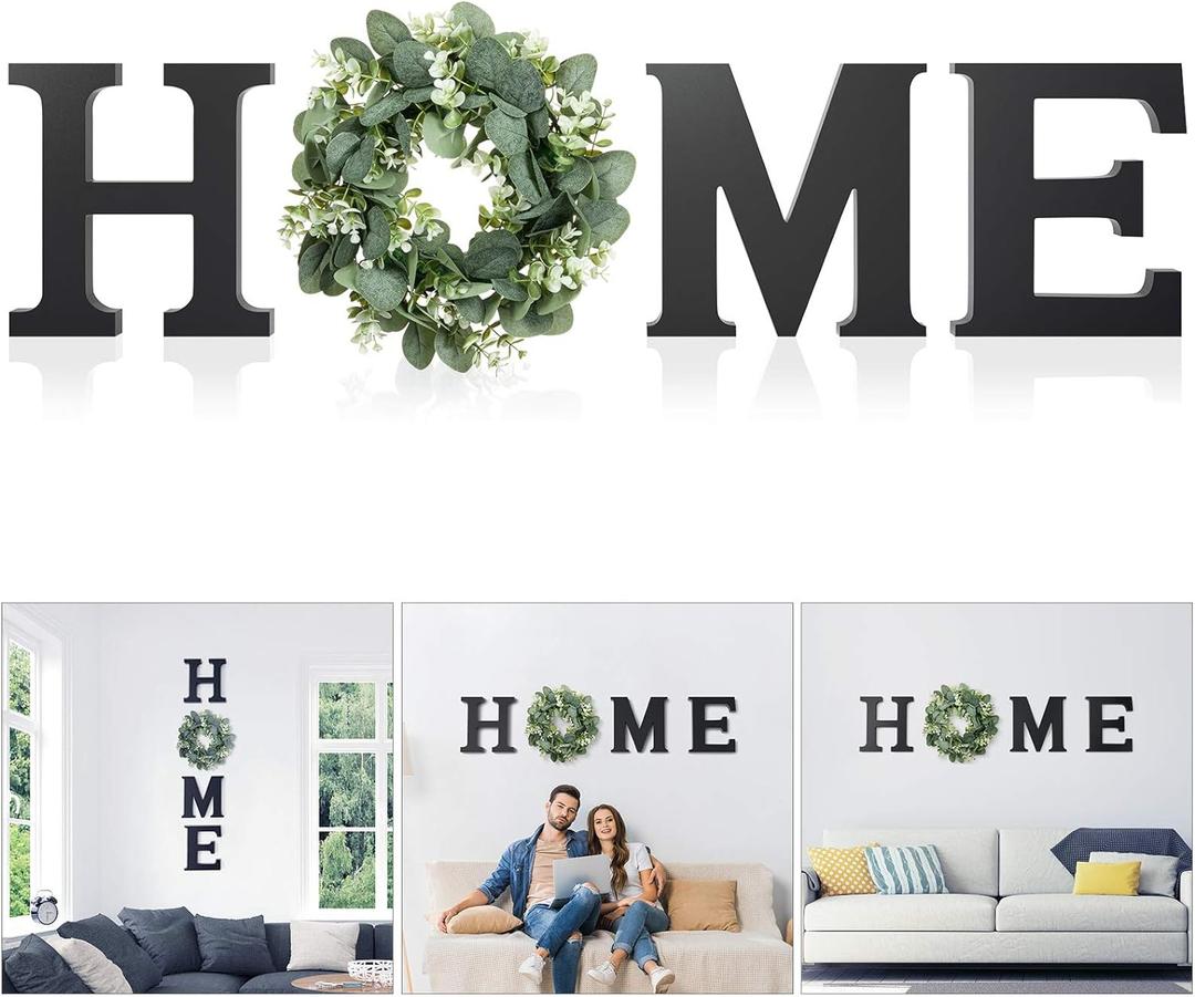 Wooden Home Letters with Wreath Artificial Eucalyptus Modern Decorative Hanging Farmhouse Sign for Living Room & Kitchen - Housewarming & Couple Gifts - Christmas Decoration (Black)