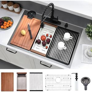 33x22 Drop In Kitchen Sink 3 Holes
18 Gauge 304 Stainless Steel, Gunmetal Black, Top Mount, 9 Inch Deep Single Bowl, Workstation Ledge, Include Accessories