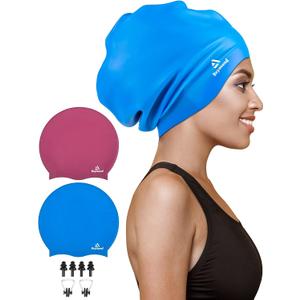 2 Pack Extra Large Swim Cap for Braids and Dreadlocks, Silicone Swimming Caps for Long Hair, Weaves, Extensions, Curls & Afros, Waterproof Adult Swim Hats Bathing Caps for Women Men