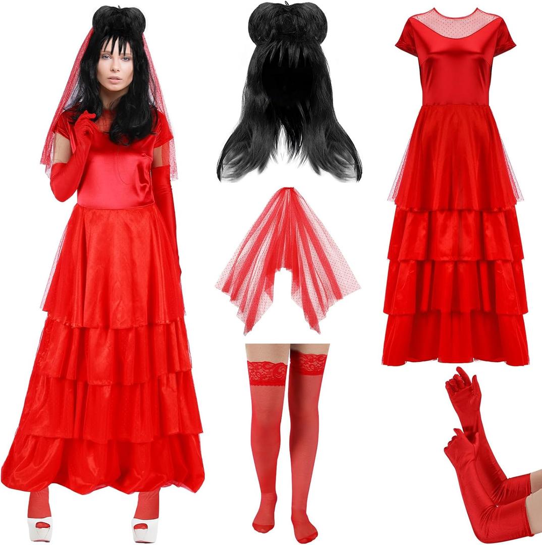 Tellingyou 5 Pcs Women Bride Costume Adult Red Gothic Wedding Dress with Veil Wig for Halloween Day of Dead (X-Large)