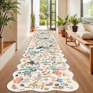 Hallway Floral 2'6x14 Runner Rugs: Washable Scalloped Soft Carpet with Non-Slip Backing for Entryway Kitchen Stain-Resistant Bedroom Floor Mat  Gifts for Newlyweds/Household Home Dcor (2'6x14,Cream)