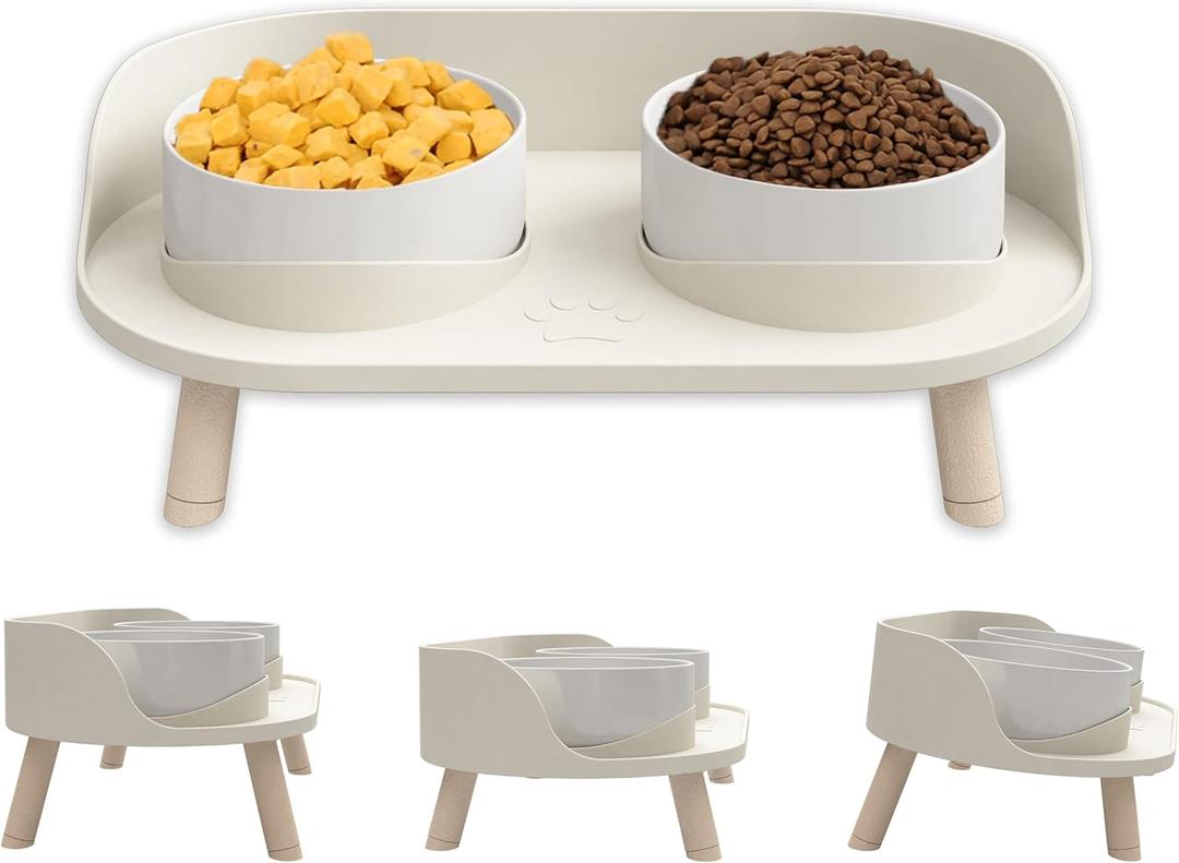Cat Food Bowls, Elevated Ceramics Dog Cat Bowls Stand with No-Spill Design,3 Adjustable Heights Anti Vomiting Cat Water Bowl,5 inches Raised Bowl for Medium and Small Size Dog Cats (White)