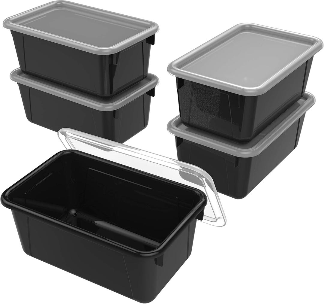 Storex Small Cubby Bins  Plastic Storage Containers for Classroom with Non-Snap Lid, 12.2 x 7.8 x 5.1 inches, Black, 5-Pack (62463U05C)